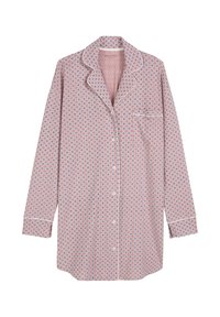 Roze pyjamashirt met patroon, sluiting met knopen, kraag met inkeping, lange mouwen en een zak. Heeft een geometrisch bloemmotief in blauw en wit.