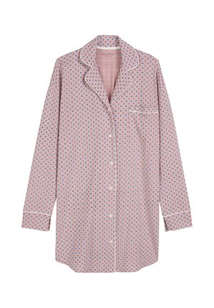 Chemise de pyjama rose à motifs avec fermeture à boutons, col cranté, manches longues et poche. Présente un motif floral géométrique en bleu et blanc.