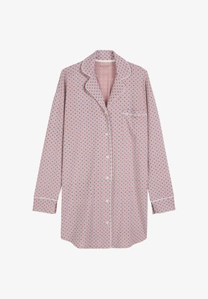 Chemise de pyjama rose à motifs avec fermeture à boutons, col cranté, manches longues et poche. Présente un motif floral géométrique en bleu et blanc.