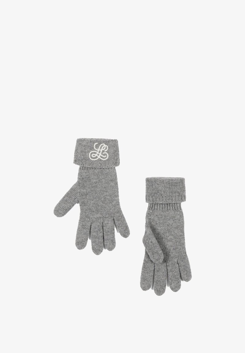 Pilki megzti pirštinės su nerišamu apvadu. Apvadas puošia baltas siuvinėtas "L" logotipas. Medžiaga yra minkšta, tekstūruota ir šilta.