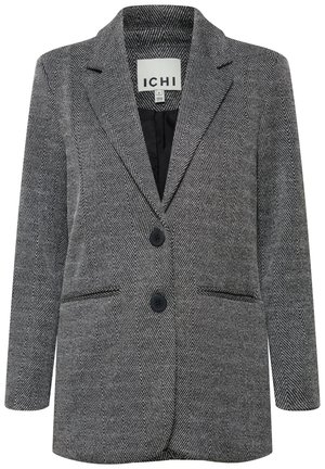 Sako s kostkovaným vzorem houndstooth v šedé a černé barvě, se záložkovým límcem, dvojitým knoflíkovým zapínáním a dvěma předními kapsami.