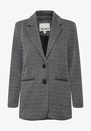 Blazer con patrón de pata de gallo en gris y negro, con solapa de muesca, cierre de doble botón y dos bolsillos frontales.