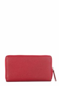 Billetera de cuero rojo con superficie texturizada, forma rectangular y cierre de cremallera. Cuenta con un pequeño tirador de cremallera para un fácil acceso.