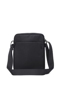 Borsa rettangolare nera realizzata in tessuto testurizzato. Dotata di una maniglia robusta, una cerniera superiore e una tasca frontale per l'organizzazione.