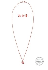 Schmuckset aus Roségold mit einer filigranen Kettenhalskette, die mit einem runden pinken Kristallanhänger und passenden Ohrsteckern ausgestattet ist.
