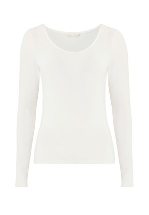 Biały dopasowany top z długim rękawem i dekoltem w serek, prezentowany na gładkim białym tle.