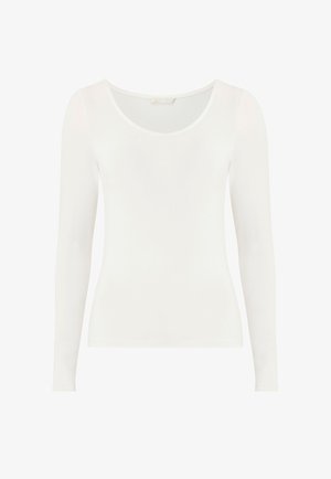 Top bianco aderente a maniche lunghe con scollo a U, mostrato su uno sfondo bianco uniforme.