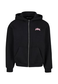Felpa nera con zip, dotata di tasca frontale, con ricamo del logo rosa sul lato sinistro del petto. Il tessuto è liscio, con polsini e orlo a coste.