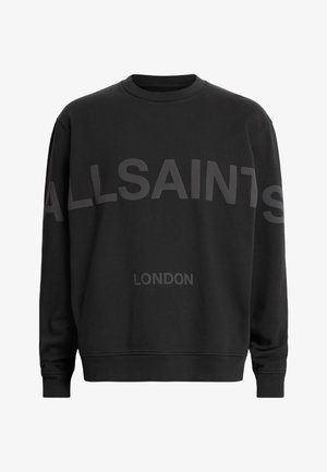 Sweatshirt noir à manches longues avec "ALLSAINTS" en travers de la poitrine et "LONDON" imprimé en dessous dans une teinte légèrement plus claire.