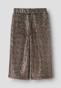 Metallische rosegouden culottes met een glinsterende afwerking, met een wijde pijpontwerp en een elastische tailleband voor een comfortabele pasvorm.