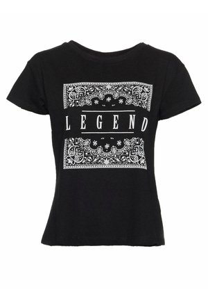 Czarny T-shirt z krótkim rękawem z białymi ozdobnymi prostokątnymi wzorami i słowem "LEGEND" napisanym wielkimi literami na środku z przodu.