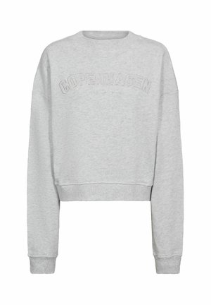 Pelēka īsā džemperis ar uzrakstu "COPENHAGEN", kas izcelts uz priekšpuses, apaļu kakla izgriezumu un garām piedurknēm. Mīksta, gaiša auduma tekstūra.