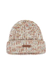 Strickmütze mit umgeschlagenem Saum, mit einem mehrfarbigen Muster in Weiß, Orange und Grün. Beinhaltet ein braunes Leder-Logo-Patch.
