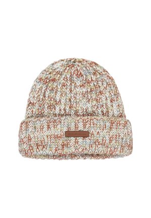Bonnet en tricot avec un revers roulé, présentant un motif multicolore en blanc, orange et vert. Comprend un patch en cuir marron.