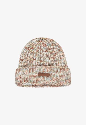Knit beanie with a rolled brim, featuring a multicolored pattern in white, orange, and green. Includes a brown leather logo patch.