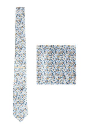 Floral Krawatten- und Einstecktuch-Set mit einem hellblauen Hintergrund und gelben sowie blauen Blumen, aus glattem Stoff mit einer weichen Textur.
