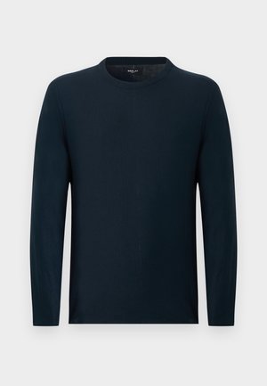 Donkerblauwe trui met lange mouwen, ronde hals, slanke pasvorm en subtiel verticale naaddetail in het midden.