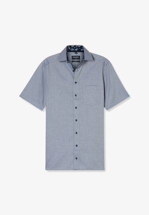 Korte mouw, knopen-overhemd in grijs met een subtiel ruitpatroon. Marineblauwe accenten aan de binnenkant van de kraag en één borstzak. Zwarte knopen.