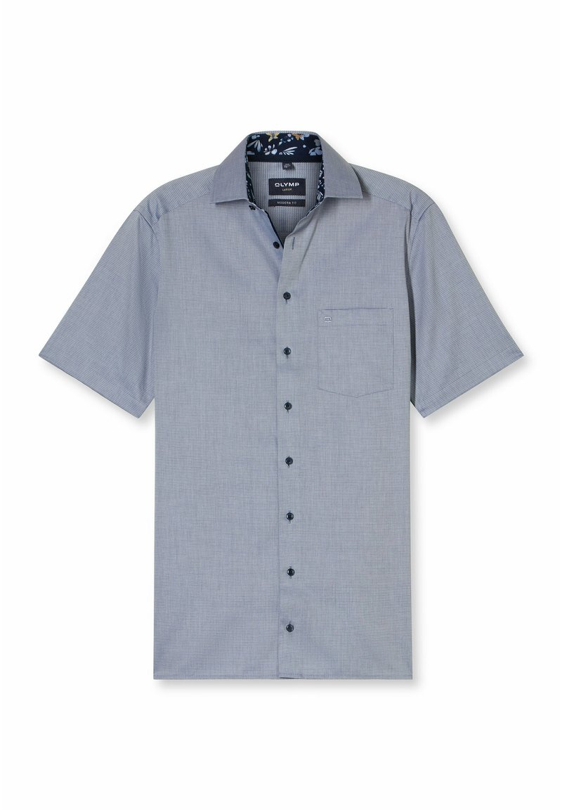 Camicetta a maniche corte con bottoni di colore grigio con un delicato motivo a scacchi. Accenti blu navy all'interno del colletto e una tasca sul petto. Bottoni neri.