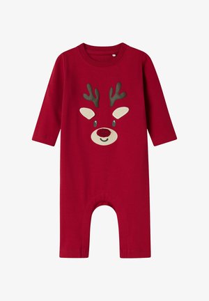 Rood katoenen romper met lange mouwen, versierd met een rendiergezicht met antlers, een ronde neus en gestikte ogen. Druksluiting aan de onderkant.