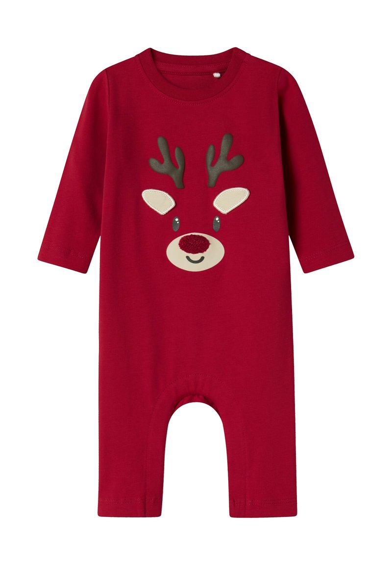 Rood katoenen romper met lange mouwen, versierd met een rendiergezicht met antlers, een ronde neus en gestikte ogen. Druksluiting aan de onderkant.