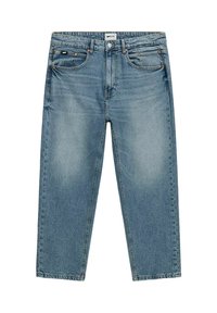 Jeans di denim azzurro chiaro con taglio dritto, cinque tasche e cuciture a vista. Presentano una chiusura con bottone e passanti per cintura.