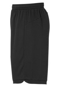 Pantaloni sportivi neri con vita elastica, texture liscia, dettagli con tasche laterali e orlo arrotondato nella parte inferiore.