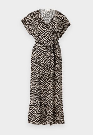 Robe portefeuille imprimé zèbre noir et beige avec manches courtes, col en V, taille ceinturée et ourlet volanté.