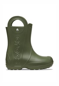 Stivaletto verde impermeabile realizzato in materiale resistente, con punta arrotondata, suola testurizzata e la parola "crocs" impressa sul lato.