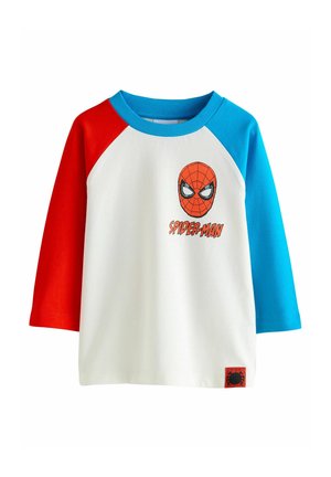Balta gara piedurkņu krekls ar sarkanām raglanu piedurknēm un ziliem akcentiem. Uzzīmēts Spider-Man grafikas attēls un izšūts teksts zem tā. 100% kokvilna.