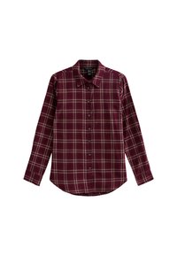 Camisa de manga larga de cuadros en tono ciruela, fabricada en tejido suave, con botones en la parte delantera, cuello y dobladillo redondeado. Incluye rayas claras en contraste.