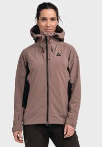 Brown softshell jacket with a hood, featuring black accents, zippered front, and elastic cuffs. Lightweight, water-resistant fabric.