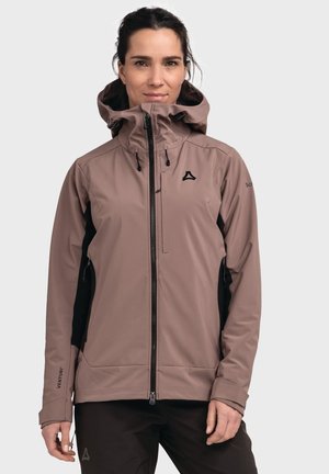 Brown softshell jacket with a hood, featuring black accents, zippered front, and elastic cuffs. Lightweight, water-resistant fabric.
