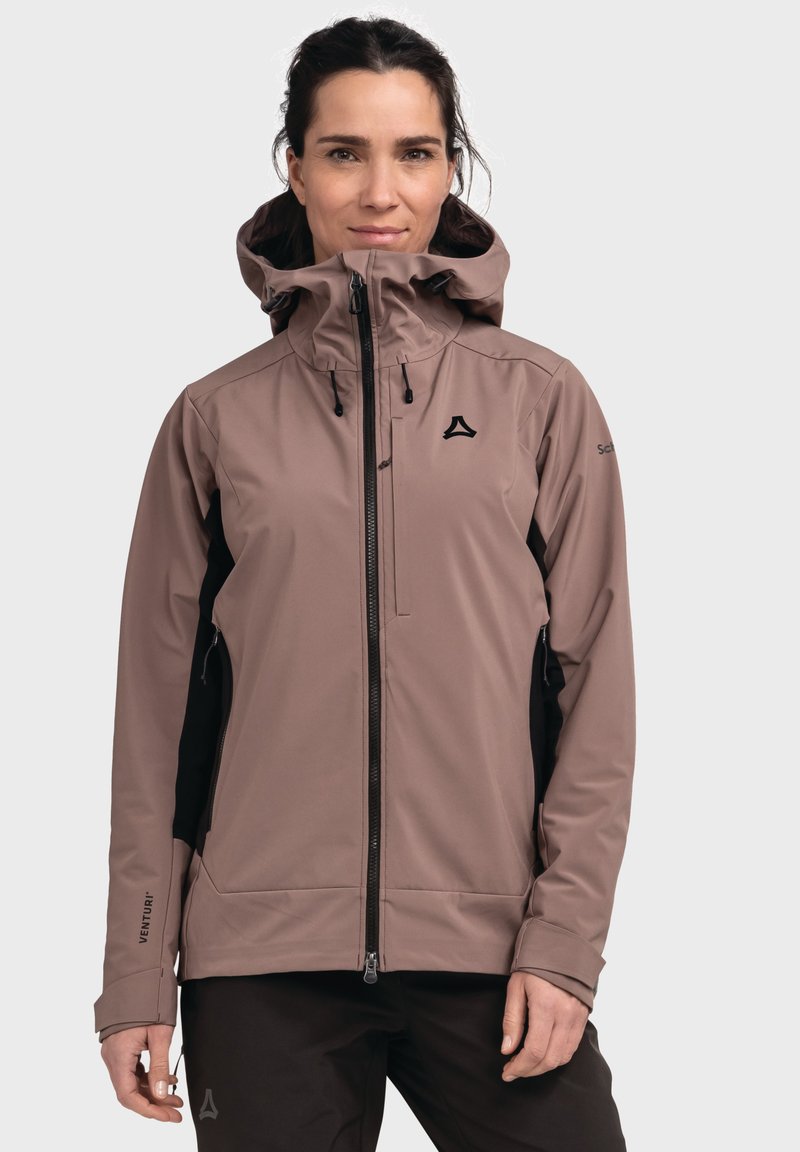 Brown softshell jacket with a hood, featuring black accents, zippered front, and elastic cuffs. Lightweight, water-resistant fabric.