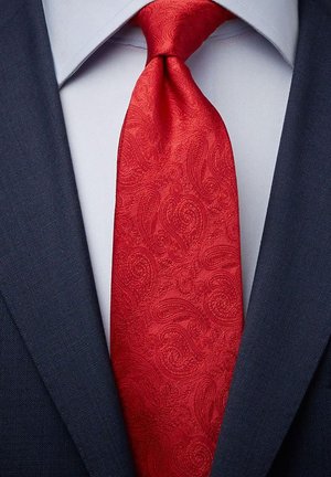 Red paisley tie made of textured fabric, featuring intricate patterns, knotted design, worn over a light blue shirt and navy blazer.
