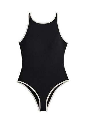 Črno enodelno kopalke z belim robom okoli izreza na vratu, odprtin za roke in nog, z visokim izrezom.