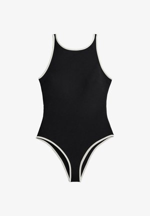 Črno enodelno kopalke z belim robom okoli izreza na vratu, odprtin za roke in nog, z visokim izrezom.