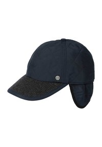Navy quilted cap with a dark gray brim and ear flaps. Features a metal logo and a textured, wool-like fabric on the front.