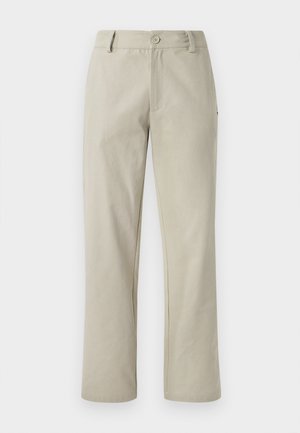 Beige bomullsbukser med rett passform, med knappelukking og to frontlommer. Glatt tekstur og rent design med minimale detaljer.