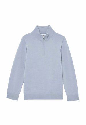 Világoskék, cipzáros pulóver magas gallérral, hosszú ujjakkal, bordázott mandzsettákkal és szegéllyel. Puha, sima tapintású, minimalista dizájn.