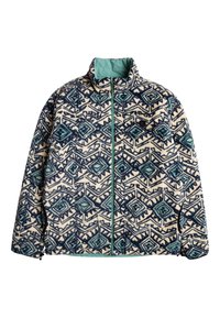 Fleecejacke mit geometrischem blauen Muster auf beigem Hintergrund, hoher Kragen, Frontreißverschluss und seitlichen Taschen, mit türkisfarbiger Innenausstattung.