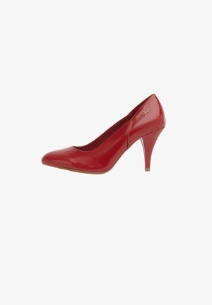 Scarpa da donna con tacco alto in vernice rossa con punta appuntita e tacco sottile, vista laterale su sfondo bianco.