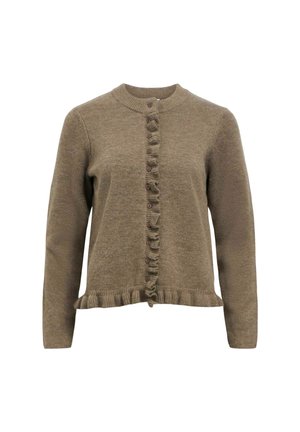 Brun stickad cardigan med en texturerad volang ner i mitten, med sex knappar och en ribbad krage och nederkant. Långa ärmar, avslappnad passform.