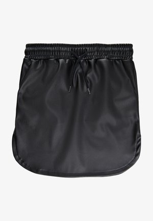 Mini-jupe noire en similicuir avec taille élastique et cordon noir, présentant un ourlet arrondi et une texture subtile.