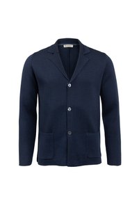 Tumedan sinine kardigan, mis on valmistatud tekstuuriga riidest, millel on sakiline krae, kolme nööbiga esiosa ja kaks esikotti.