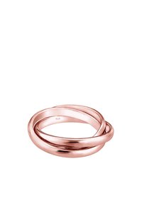 Rozā zelta gredzens ar savītu dizainu, piešķirots ar pulētu virsmu un gludu tekstūru. Atzīmēts ar "925" zīmogu, kas norāda uz sudraba saturu.
