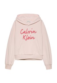 Felpa rosa con cappuccio, maniche lunghe e tasca centrale. Il nome del marchio "Calvin Klein" è ben visibile in caratteri spessi di un rosa a contrasto.