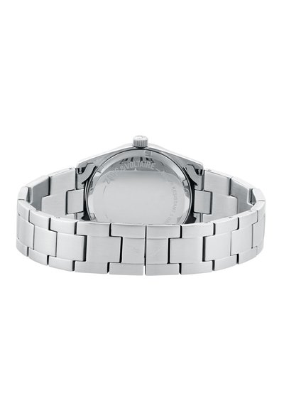 Sølv rustfrit stål ur med en kædearmbånd, et rundt urkasse og en struktureret bagside. Har en krone til justering.