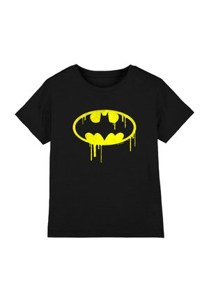 Black short-sleeve t-shirt with a yellow, dripping Batman logo centered on the front.