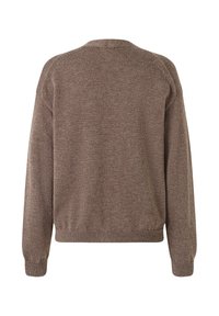 Brown knitted sweater with long sleeves, crew neck, and ribbed cuffs. Soft texture with a flecked pattern. No visible fastenings or accents.